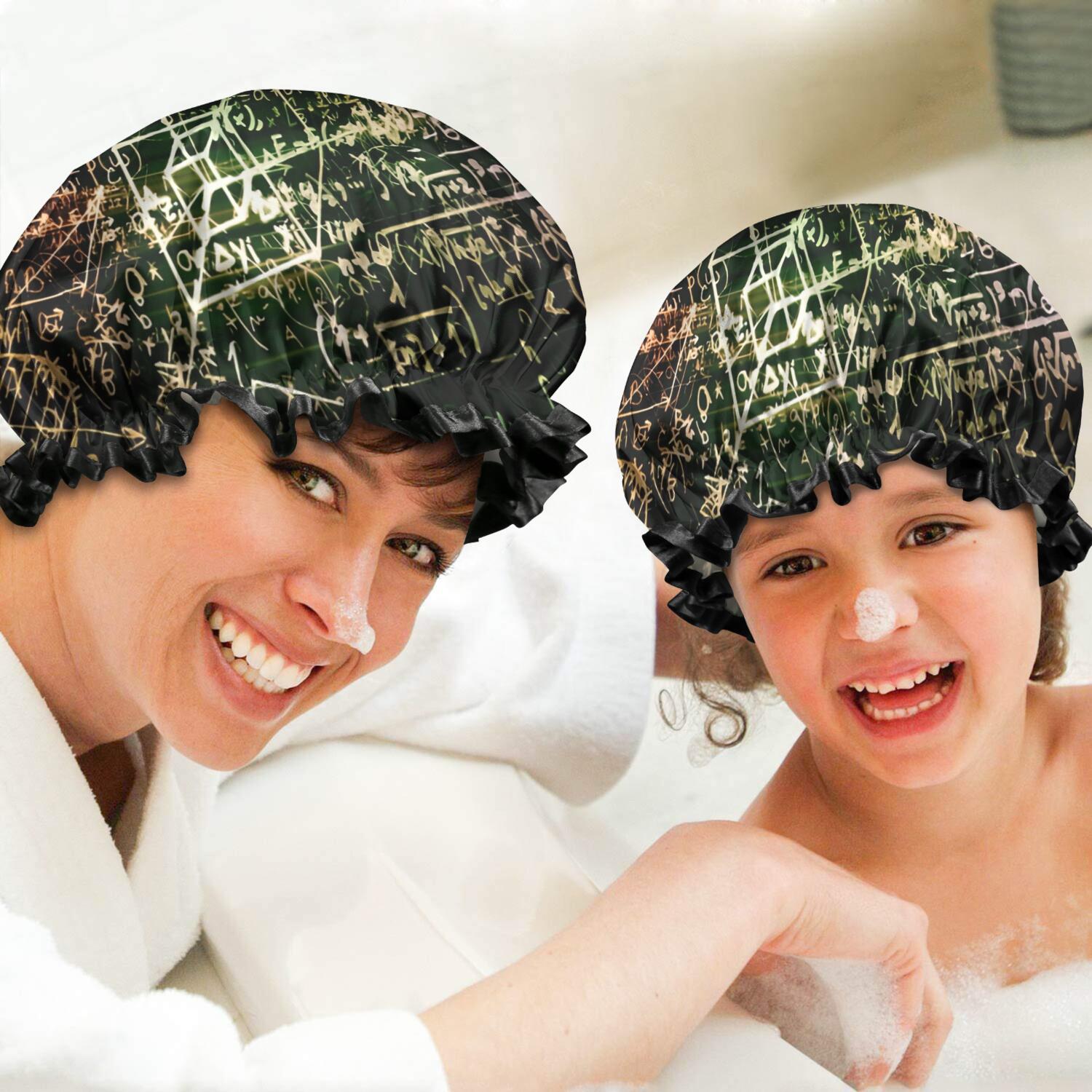 Shower Caps,Math Equations Glowing Formulas Black Pattern Waterproof Shower Cap for Women 4 Pieces,Double Reusable Hair Cover for Shower PEVA Elastic Stretch Hem