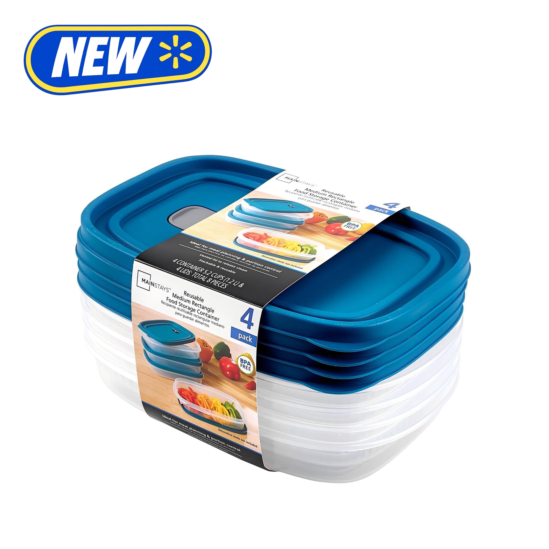(2 pack) Mainstays Reusable Food Storage Container, Medium Rectangle, Plastic, 4-Pack, 4 Containers with Lids, 5.2 Cups, Ideal for Meal Planning