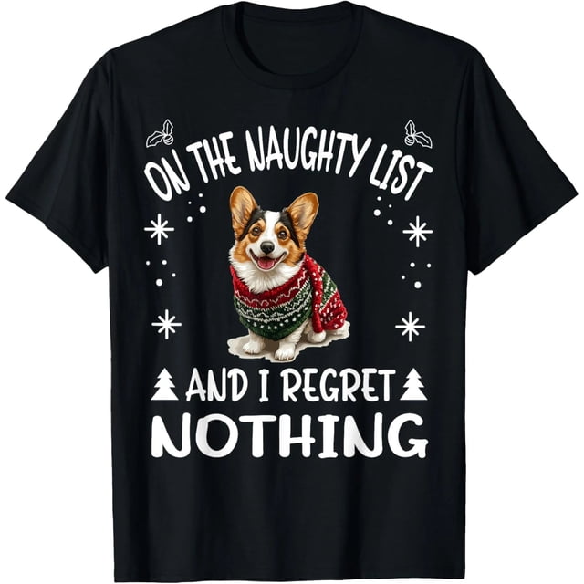 Playera de Mujer con Corgi Galés en Suéter Navideño en la Lista de Traviesos