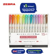 Zebra Mildliner Dual Tip Highlighter Pens Set of 15 Pastel Colours with Brush and Bullet Tip Ink