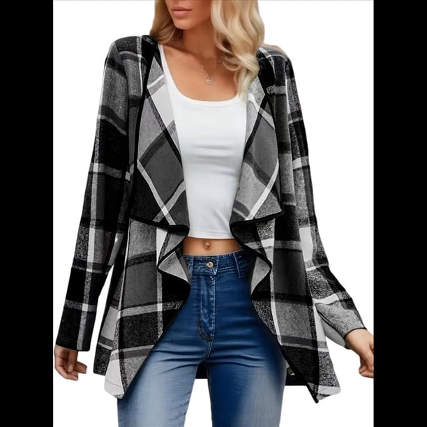 Chaqueta de Solapa A Cuadros con Abertura Frontal para Mujer, Camisas de Larga para Mujer, Chaquetas Ligeras Informales para Otoño. Gris L