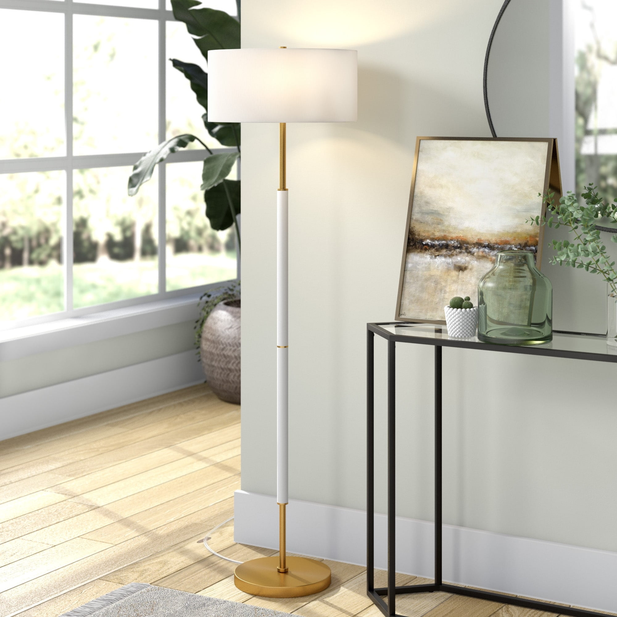 Evelyn&Zoe Simone 2-Light Floor Lamp with Fabric Shade, Rustic Oak/Brass/White