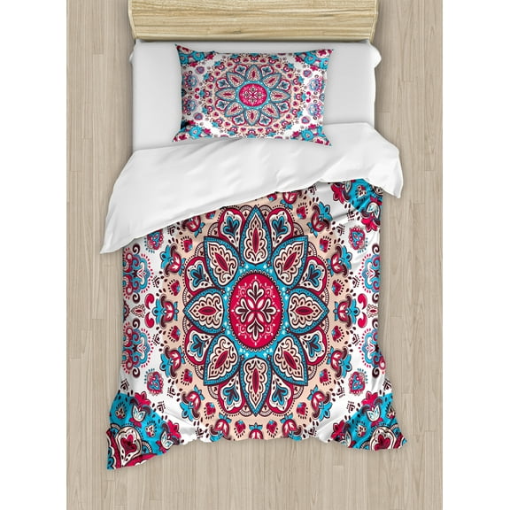 Ethnic Duvet Cover Set, Oriental Style Floral Circles Paisley Retro Image in Pastel Colors, Decorative 2 Piece Bedding Set with 1 Pillow Shams, Twin Size, Turquoise Pale Pink, by Ambesonne