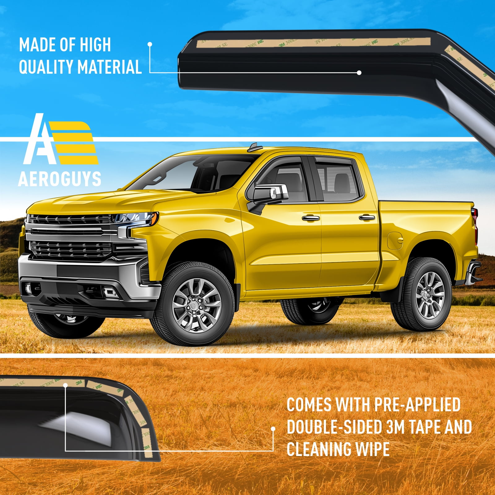 AEROGUYS Extra Durable Window Deflectors in-Channel Window Visors Rain Guards Fit for Chevrolet (Chevy) Silverado 1500 2019-2026 Double Cab, Sun Visors, Exterior Truck Accessorie - 4 pcs. AG0023