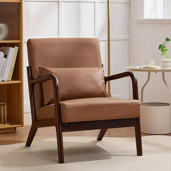 Jonster PU Accent Chair Armchair with Pillow PU Leather Chair with Oak wood Frame , Single Reading Sofa, for Living room Bedroom Office(Light Brown Oiled)