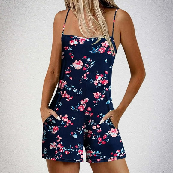Summer Rompers for Women Jumpsuit Shorts Casual Loose Fit Summer Women's Fashion Printed Sleeveless Square Neck Overalls with Pockets S-2XL