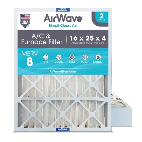 AirWave 16x25x4 MERV 8 Pleated HVAC AC Furnace Air Filter, 2-Pack