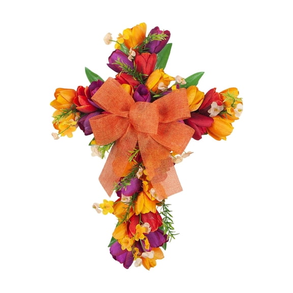 NookHive Easter Cross Front Door Bow 45cm with Artificial Tulip Flowers, Wall Hanging Decoration for Spring Holiday and Religious Home Decor, Indoor Outdoor Easter Decor,Orange