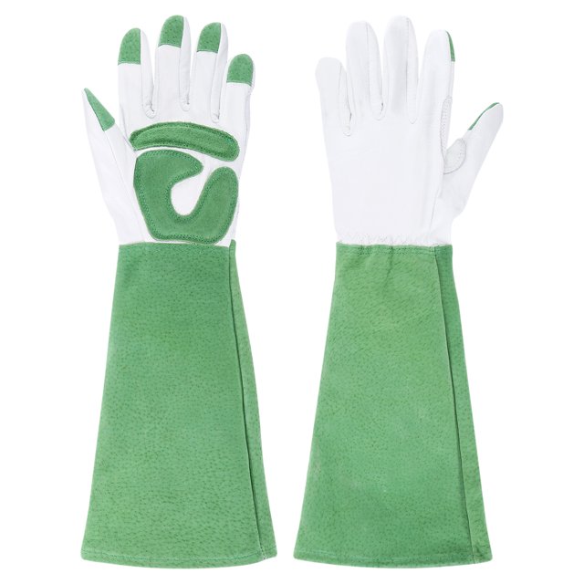 Guantes de jardinería largos Uxcell de cuero de vaca, guante de poda de rosas, a prueba de espinas, blanco/verde L