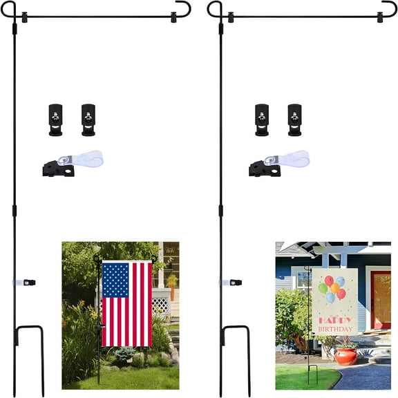 LAMIRO 2 Pack Garden Flag Stand Metal Garden Flag Pole Holder with Garden Flag Stopper and Anti-Wind Clip for Outdoor Decorative Flag Garden Lawn Yard Flag (34.3" H x 15" W)