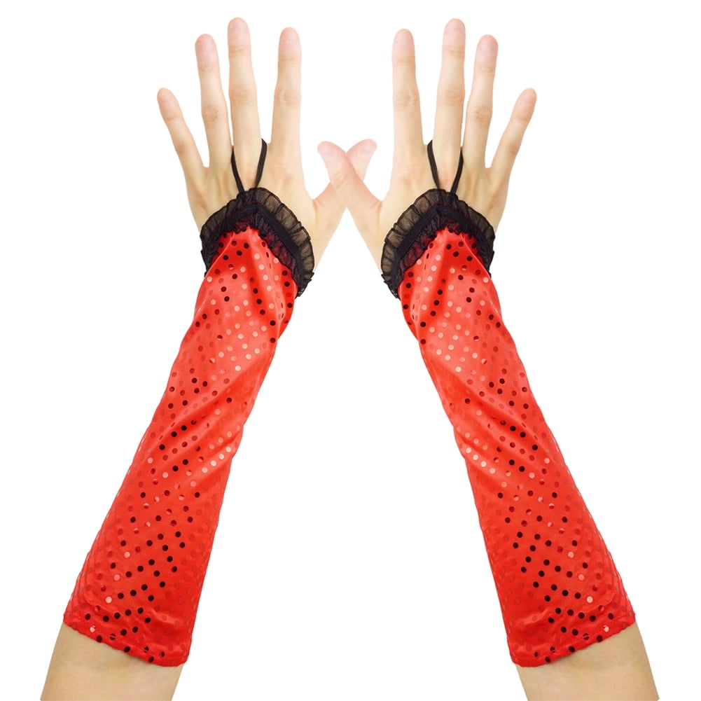 SeasonsTrading Shiny Sequin Red Fingerless Gloves Prom, Wedding, Evening Formal, Dance