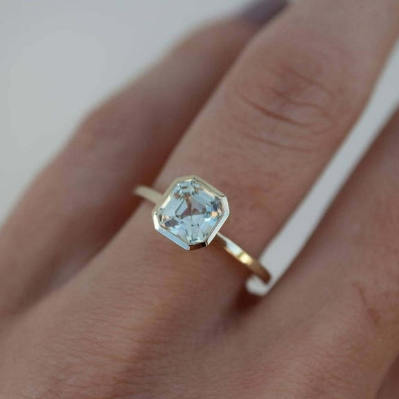 DBESTSTUDIOS 6 MM / 1 CT Ascher Cut Blue Aquamarine Proposal Ring Women Solitaire Stacking Ring Delicate Wedding Gift Ring Yellow Gold Handmade Jewelry
