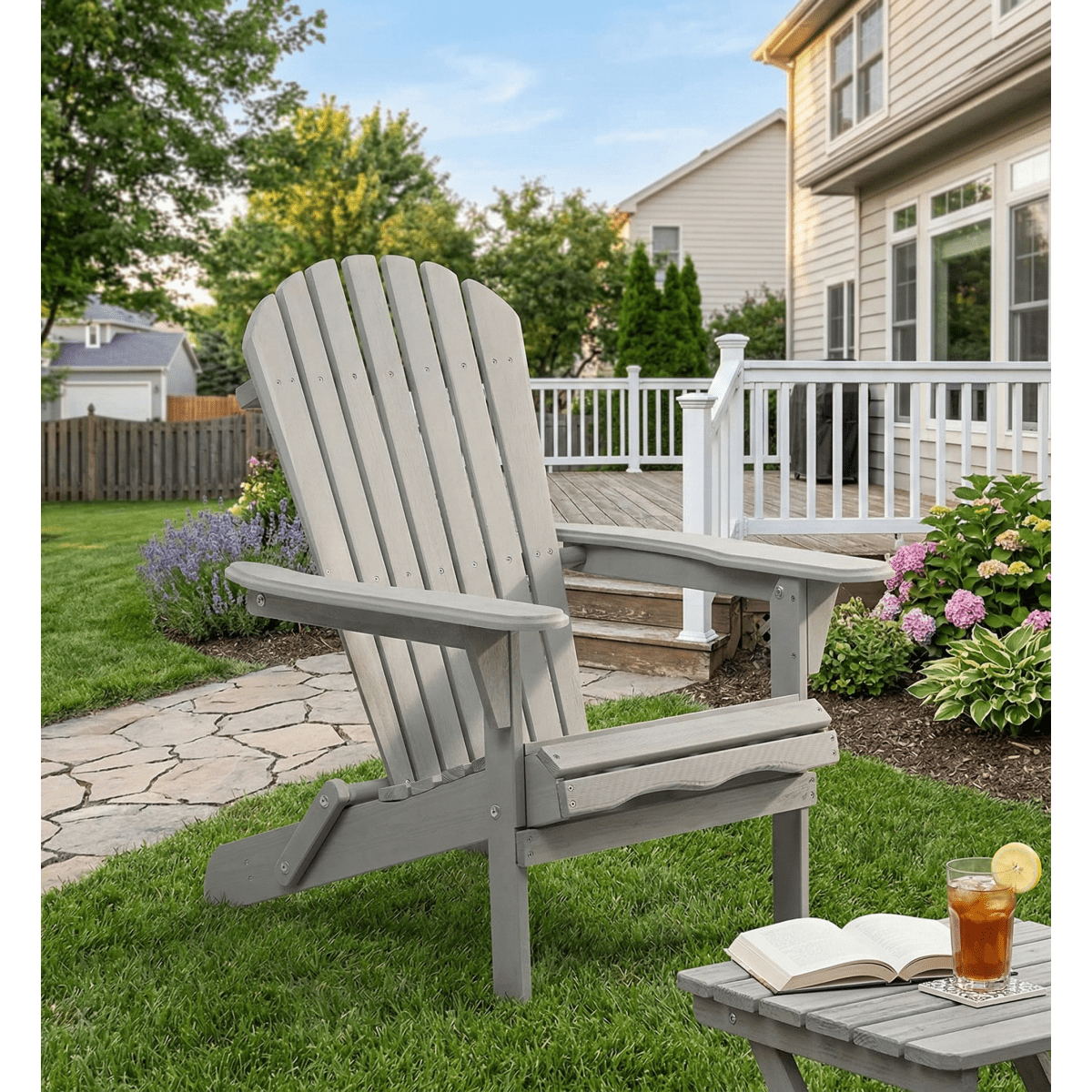 Solid Wood Folding Adirondack Chair Set of 2, Outdoor Wooden Lounge Patio Chair with Tall Backrest & Wide Armrests, Foldable Garden Chair for Lawn Backyard, Gray