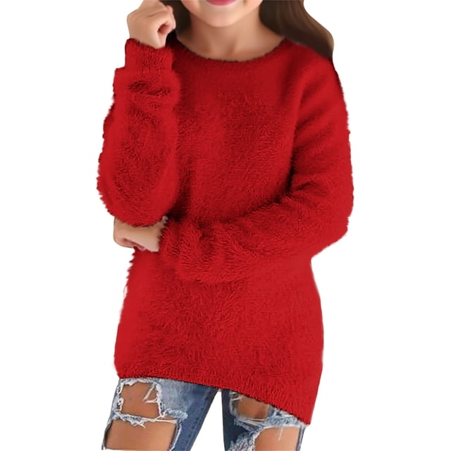 AWZXDE Enfants Minimaliste Couleur Unie Décontracté Polyvalent Long Chandail Col Rond Manches Longues Design pour Extérieur Chaud à Porter à la Mode Long Chandail Rouge, 9-10 Ans