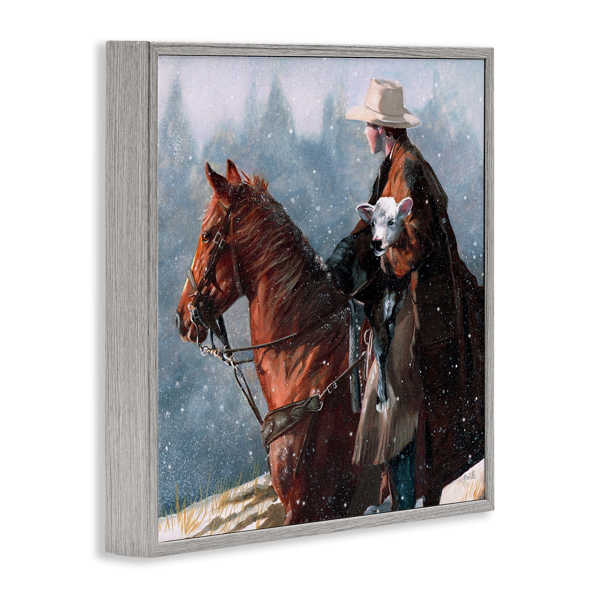 Stupell Industries Cowboy Snow Scene Animals & Insects Painting Gray Framed Art Print Wall Art, 12 x 12