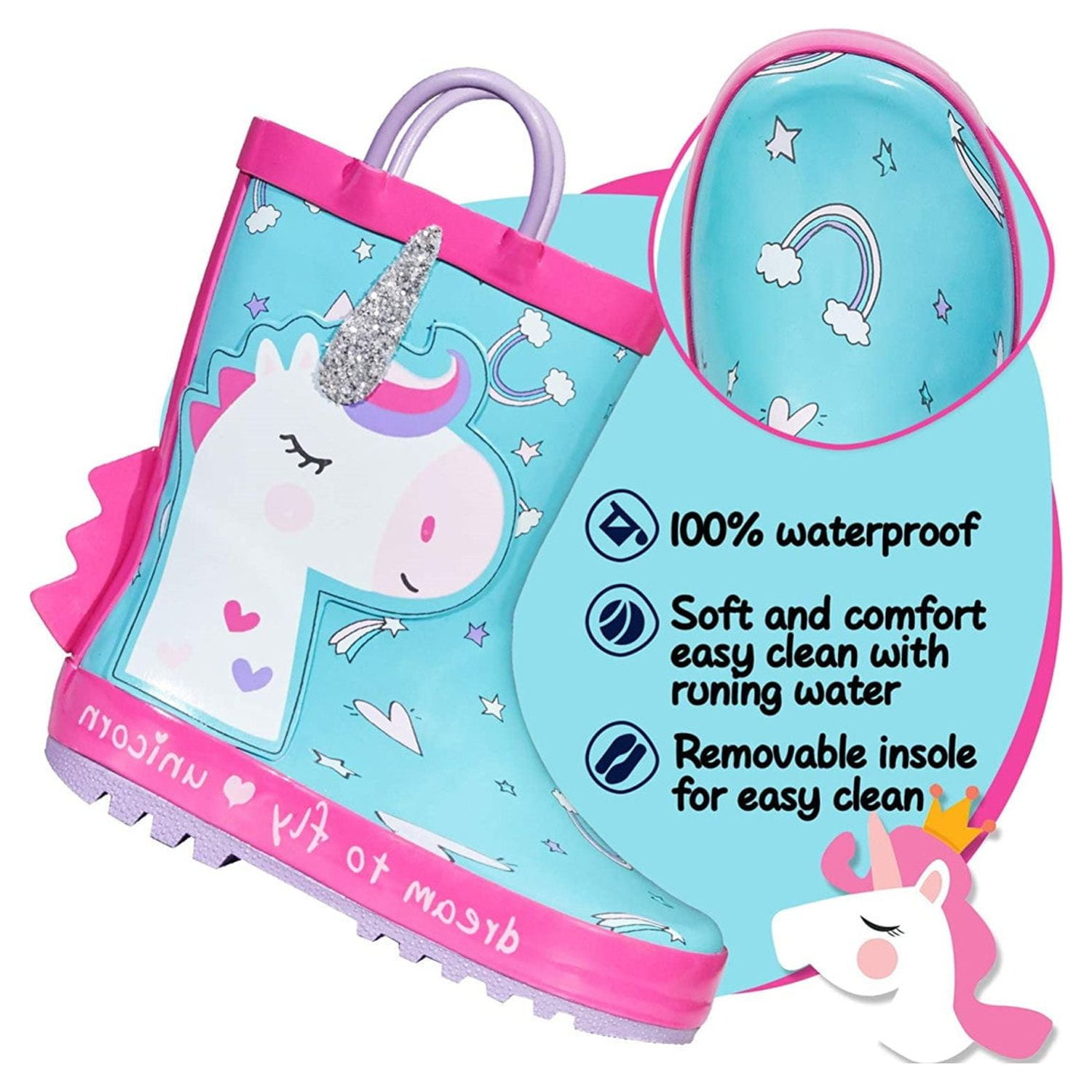 Kushyshoo Rubber Kids Rain Boots Glitter Unicorn Rain Boots for Big Girls Sizes 1