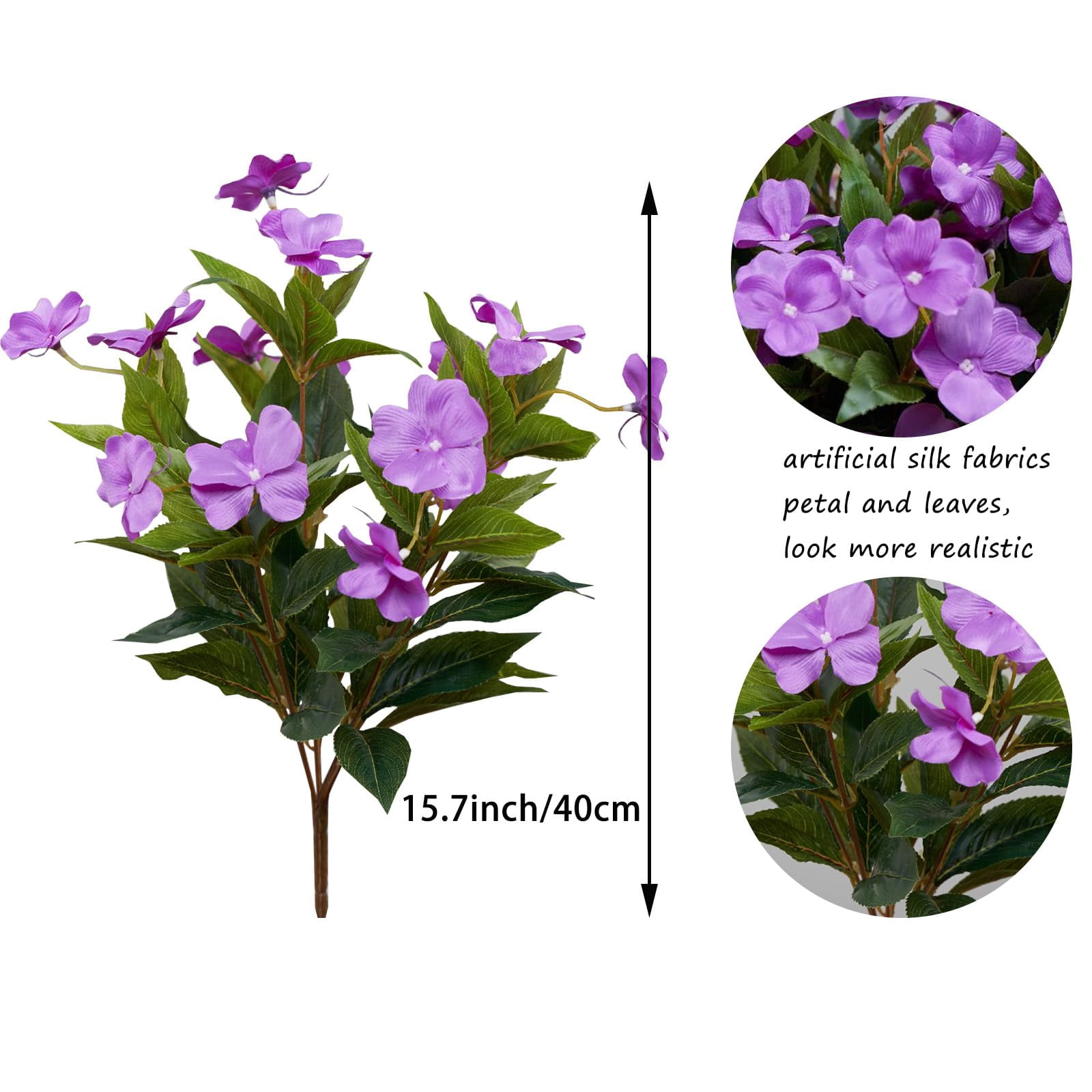 Trianu 4Pcs Artificial Flowers for Outdoors, 15.74" Faux Silk Impatiens Flowers for Outside, Artificial Impatiens Flowers Lawn Garden Home Wedding Decoration (Purple)
