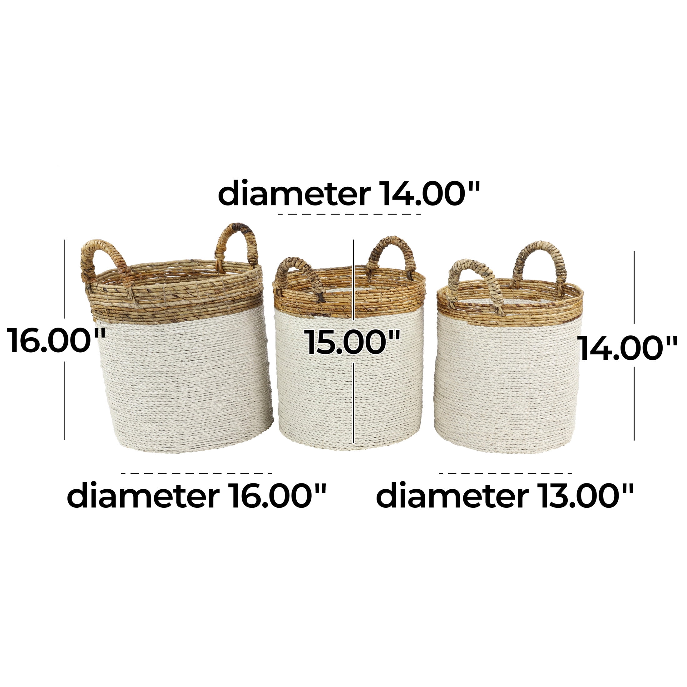 DecMode 16", 14", 13"W White Seagrass Handmade Two Toned Storage Basket with Handles, 3-Pieces