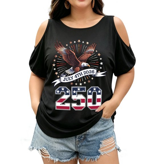 Plus Size Off Shoulder Tie Graphic Print T-Shirt 250th Anniversary Patriotic July 4th T-Shirt – USA 1776-2026 T-Shirt