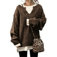 thumbnail image 4 of Women V Neck Sweater Oversized Long Sleeve Cable Knit Pullover Chunky Jumper Tops, 4 of 4