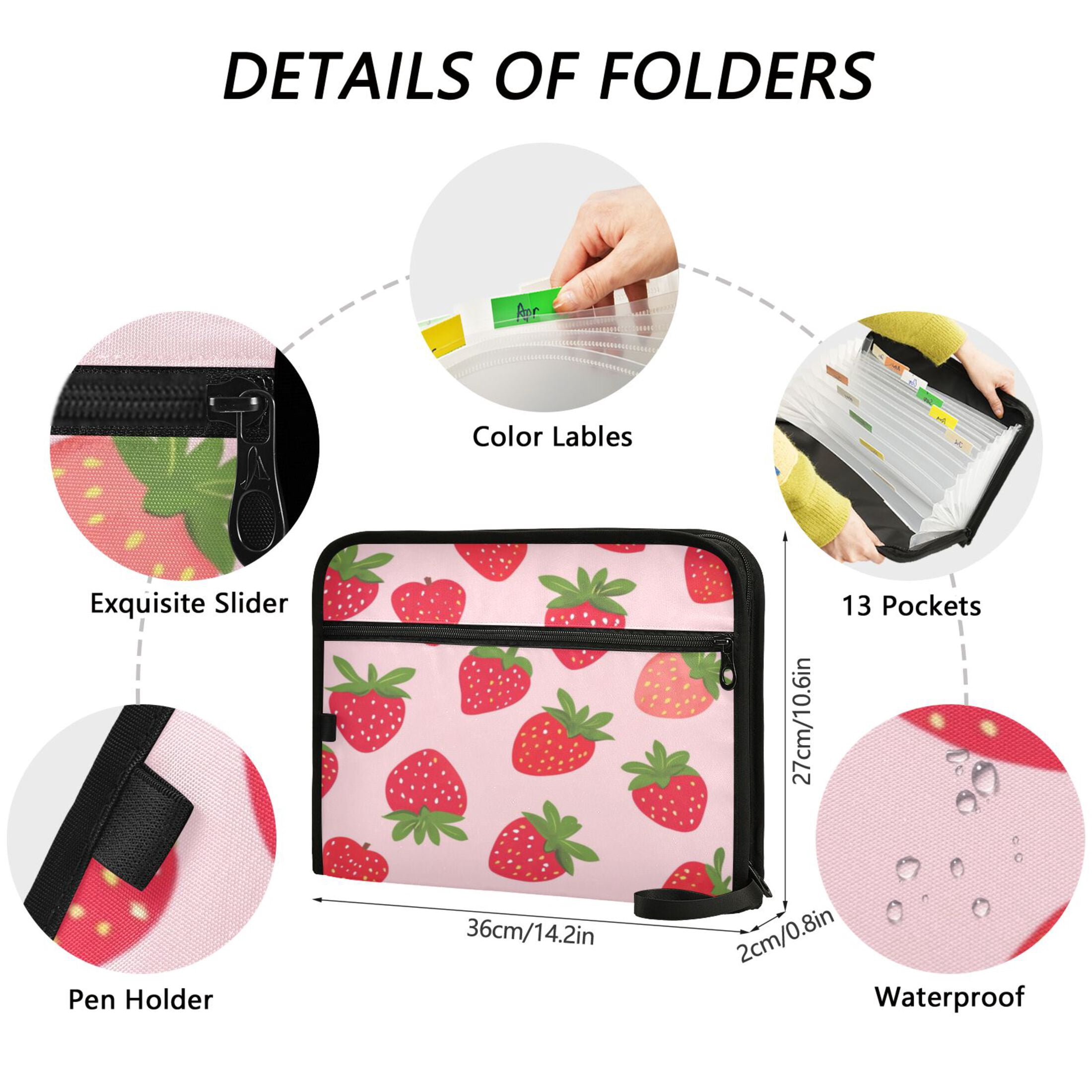 Organ Folder 14.2 x 0.8 x 10.6 Inches 13 Separate Pockets A4 Size Documents Folder A Sort Storage File Manager For The Home Office Pink Strawberry1