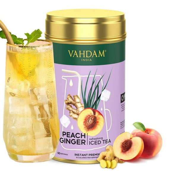 Peach Ginger Iced Tea Instant Premix (60 Servings/12 Quarts) Lightly Sweetened Iced Tea / Fruity Peach & Zingy Ginger / Best for Mocktails & Cocktails / Packed in Tin Caddy, 150g/5.29oz / VAHDAM