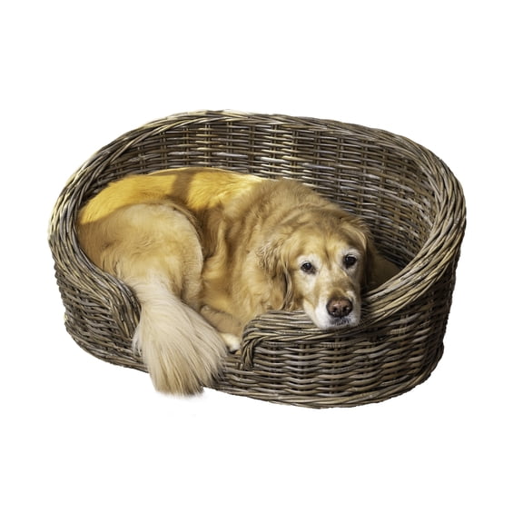 THE LICKER STORE Curvy 33" x 21.25" Classic Handwoven Rattan Pet Bed with Machine-Washable Cushion, Kubu Gray, DBD1001A