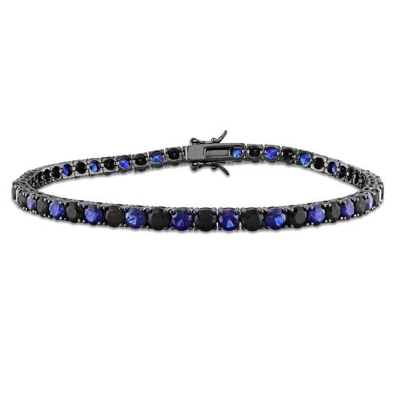 Everly Women's Created Blue Black Sapphire Black Rhodium Sterling Silver Men's Tennis Bracelet