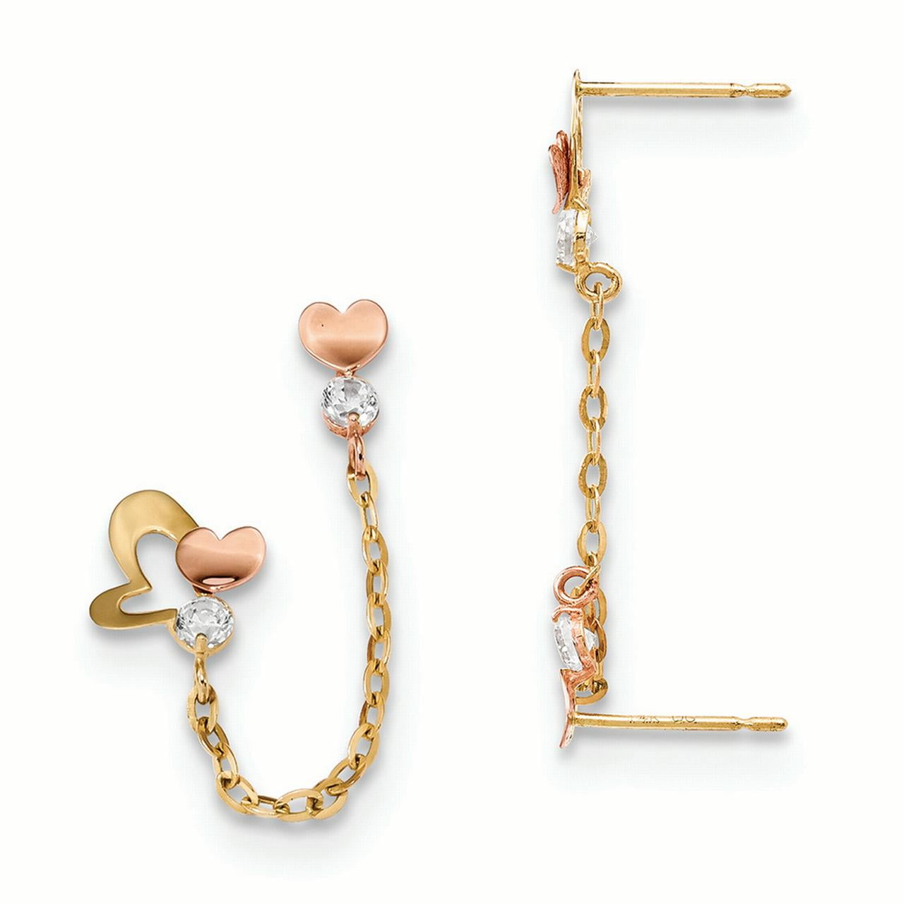 14K Rose And Yellow Gold Madi K Childrens 8.15 MM CZ Double Post with Chain Heart Stud Earring