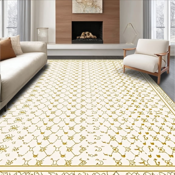 ODIKA 4'x6' Machine Washable Non-Slip Area Rug, Lattice Shag Accent High Traffic Rug, Gold, 659015