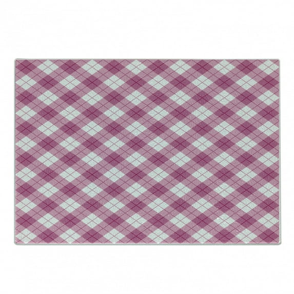 Abstract Cutting Board, Geometric Diagonal in Pastel Color Girls Style Checked Design, Decorative Tempered Glass Cutting and Serving Board, Small Size, Fuchsia Pale Pink White, by Ambesonne