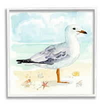 Stupell Industries Seagull & Seashells on Shore Animals & Insects Painting White Framed Art Print Wall Art, 17 x 17