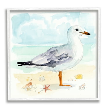 Stupell Industries Seagull & Seashells on Shore Animals & Insects Painting White Framed Art Print Wall Art, 17 x 17