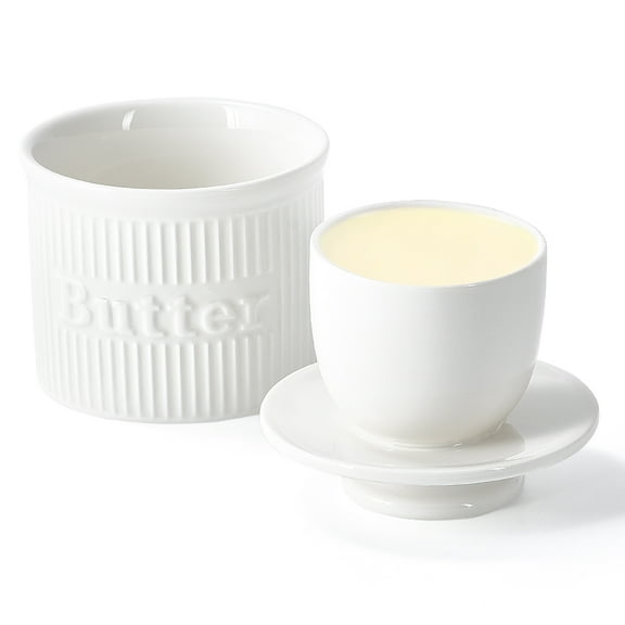 Butter Crock with Lid for Countertop, Ceramic French Butter Dish for Spreadable Butter, Ribbed Butter Keeper with Embossed Water Line, Housewarming Gifts, Elegant Kitchen Decor & Kitchen Accessories