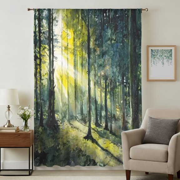 Nature Forest Sheer Curtains 45 Inches Long for Bedroom, Farmhouse Sun Light Green Trees Leaves Light Filtering Privacy Drapes, Breathable Semi Sheer Short Window Treatment for Kitchen Cafe Bathroom
