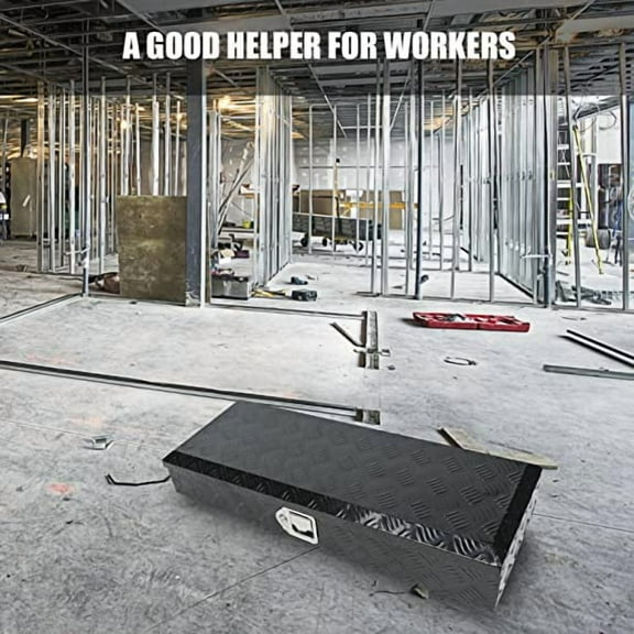 confote 34 Inch Aluminum Stripes Plated Tool Box Pick Up Truck Bed RV Trailer Toolbox Waterproof Square Storage Organizer with Lock and Keys - Black