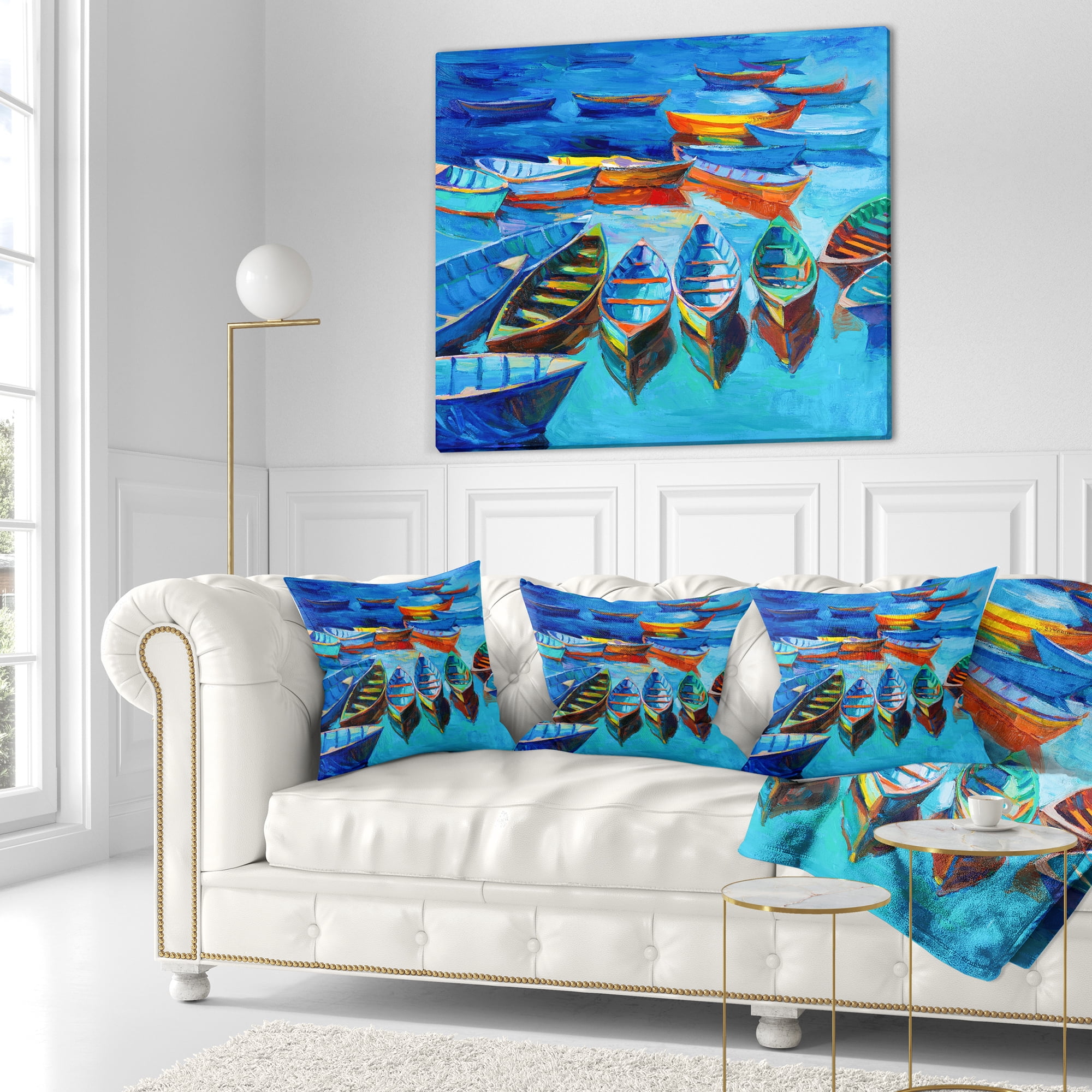Designart Boats in Blue Sea - Seascape Throw Pillow - 16x16