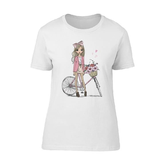 Cute Girl With Old Bicycle T-Shirt Women -Image by Shutterstock, Female Large