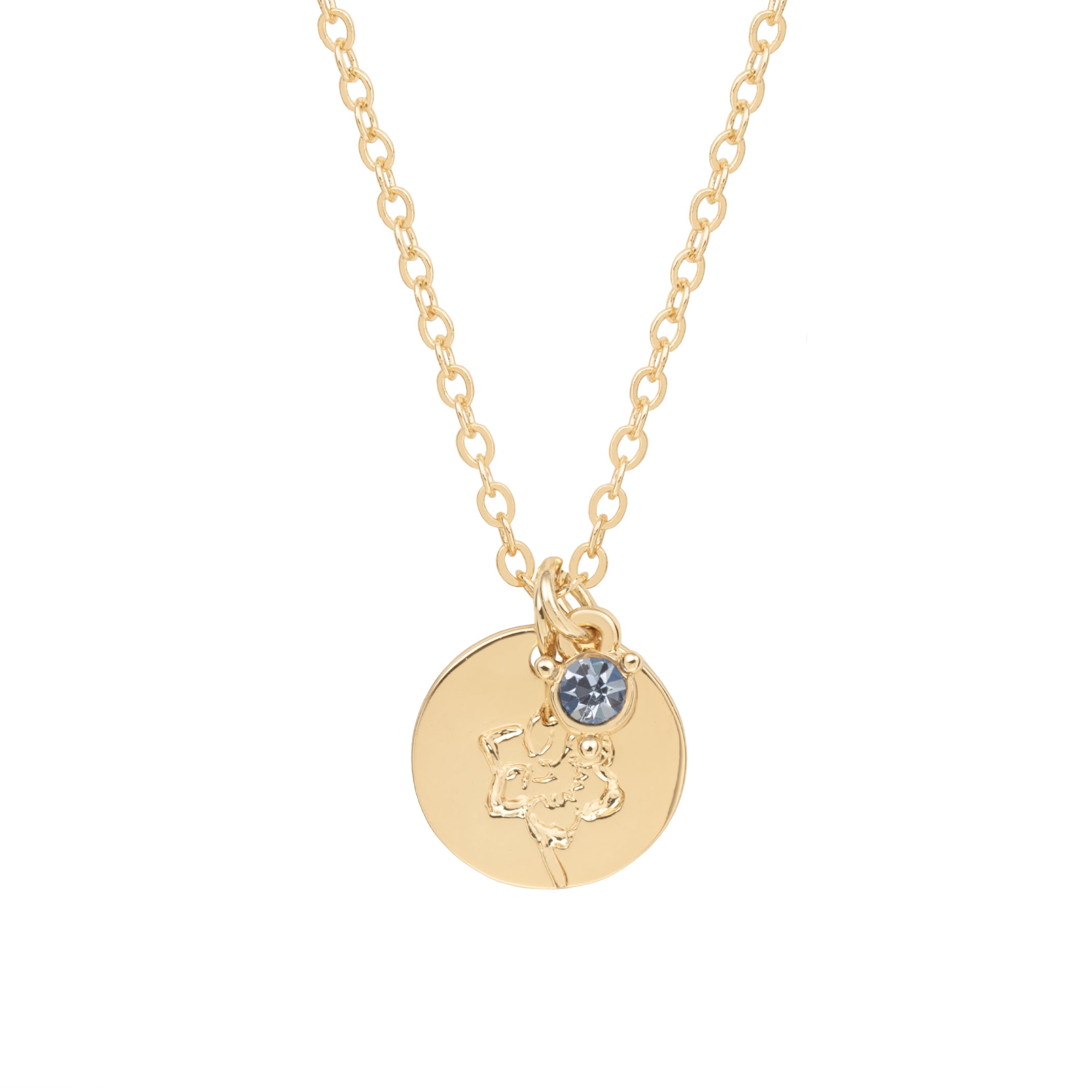 Time and Tru Women’s March Birthstone Necklace, Gold Tone Chain with Light Azure Stone & Daffodil Flower