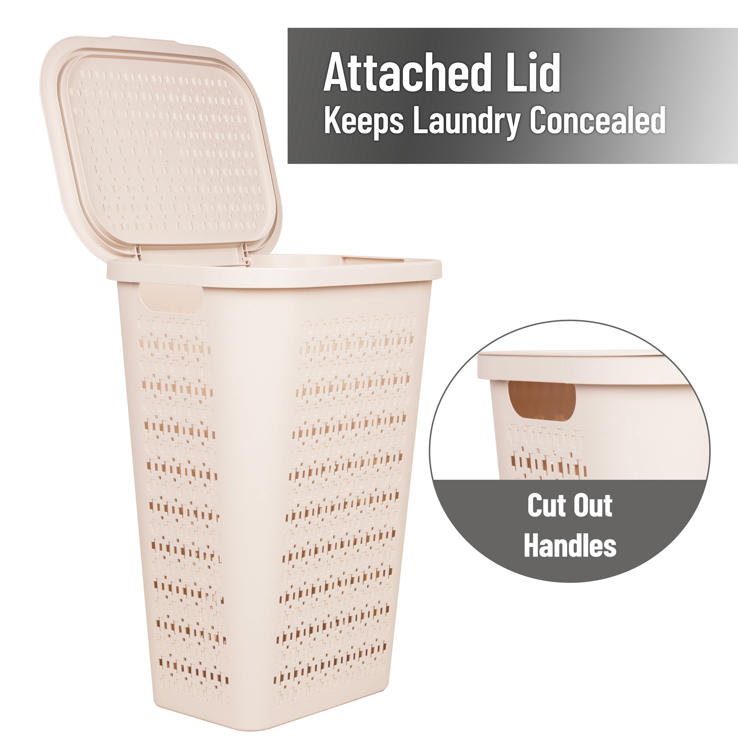 Mind Reader Slim Swiss Cross Cut-Outs Tapered Laundry Hampers with Lid, Plastic, Set of 2, Ivory