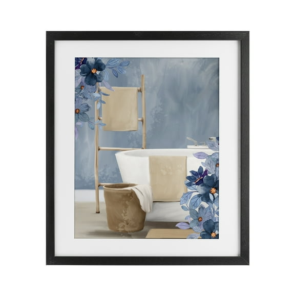 Stupell Industries Bathroom Blues Floral Scene Black Framed Print Under Glass design by Kim Allen, 16 x 13