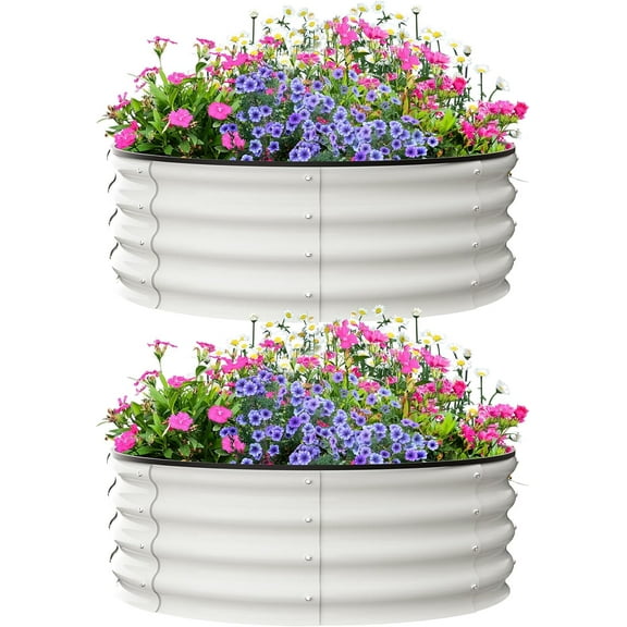 EcoSummer Raised Garden Beds Outdoor, 2 Pack 3x3x1 FT Galvanized Raised Garden Bed for Gardening, Round Metal Planter Box for Planting Plants Vegetables and Flower, White