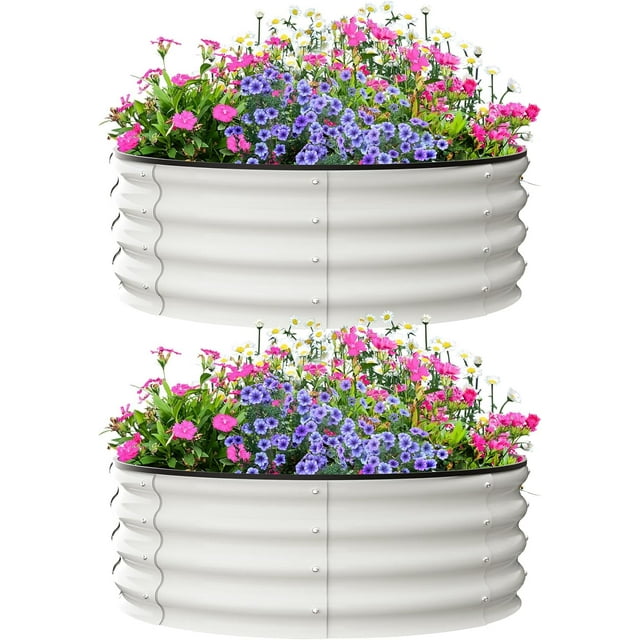 Lot de 2 Bacs de Jardin Surélevés Galvanisés 3x3x1 Pi Bacs de Plantation Ronds en Métal avec Fond Ouvert Robustes Résistants à la Rouille Bacs de Jardin d'Extérieur pour Légumes Fleurs et Herbes Blanc