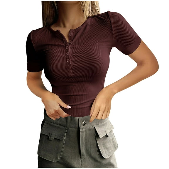 Karight Women's Summer Tops Short Sleeve Shirts Ribbed Knit Henley Button Up T Shirts Slim Fit Casual Basic Tee