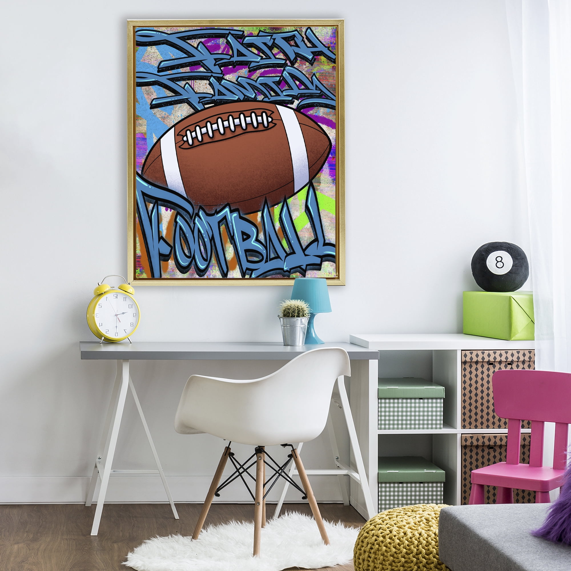 Stupell Industries Faith Family Football Graffiti Gold Framed Floater Canvas Wall Art, design by Marcus Prime