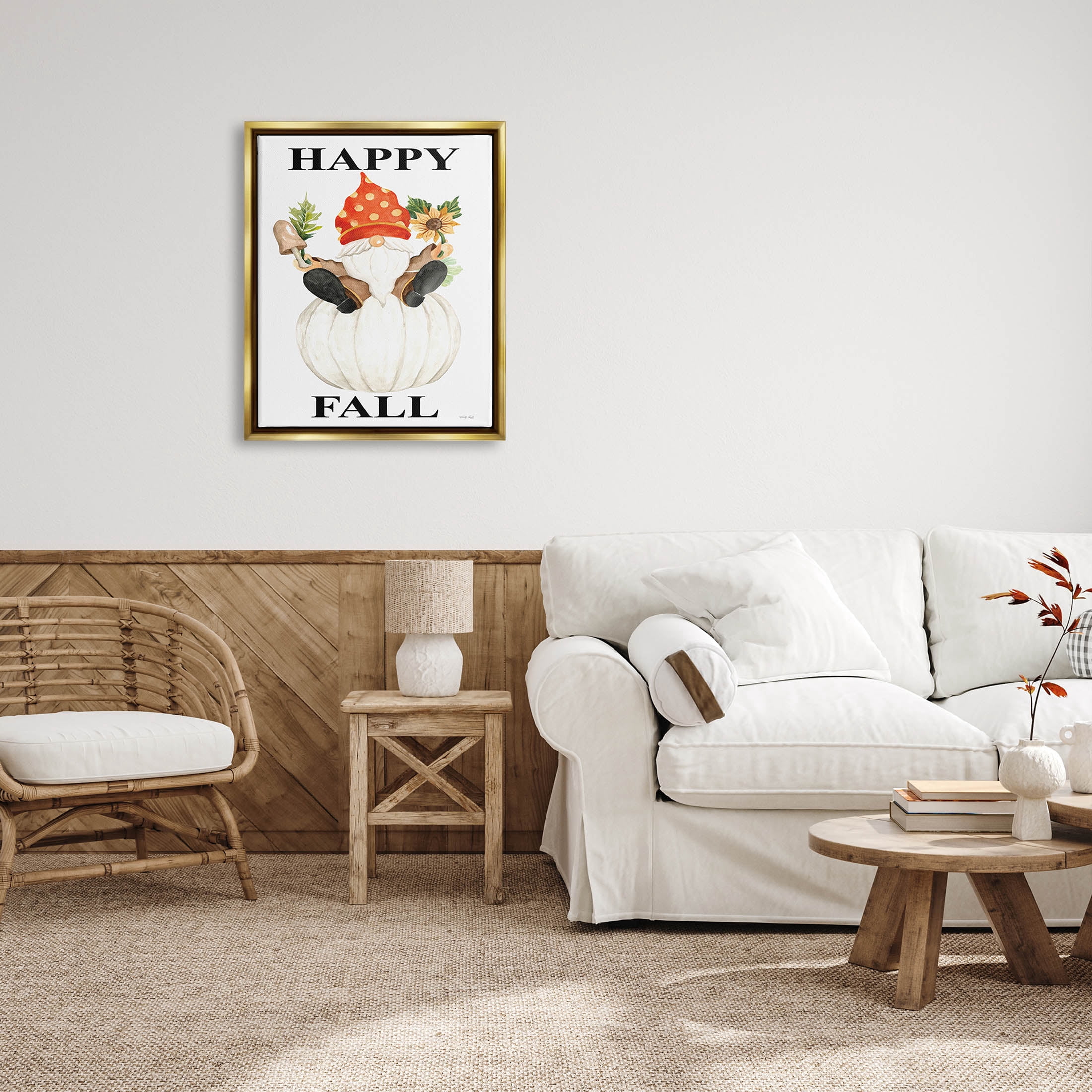 Happy Fall Whimsical Gnome Holiday Graphic Art Metallic Gold Framed Art Print Wall Art
