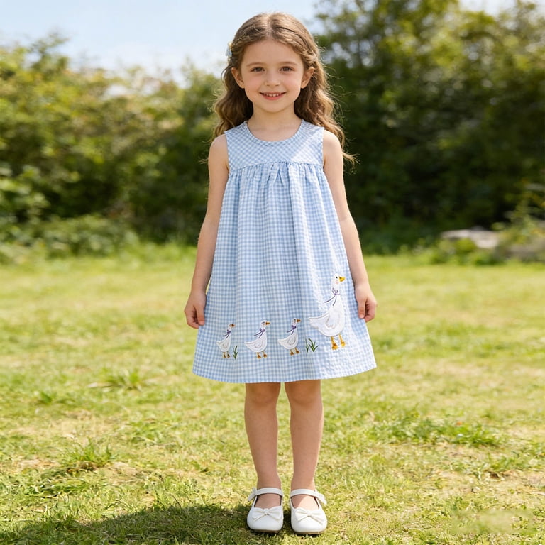 DAETIROS Girls Pink Gingham Duck Embroidered Dress Cotton Sleeveless A-Line Summer Casual for Kids Little Girls 2-8 Years,Size 3-4 T