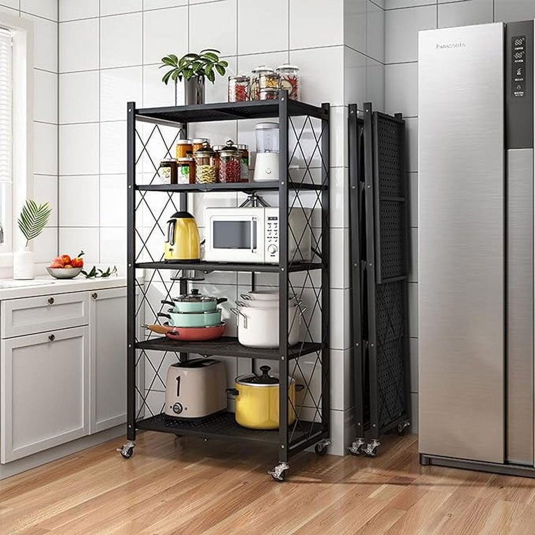 5-Tier Heavy Duty Folding Shelf On Wheels - 750lb Capacity Metal Storage Rack, No Assembly Needed