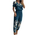 thumbnail image 1 of 2 Piece Outfits for Women Summer  Neck Solid Short Sleeve Blouse Top + Loose Pockets Pants Sets, 1 of 6