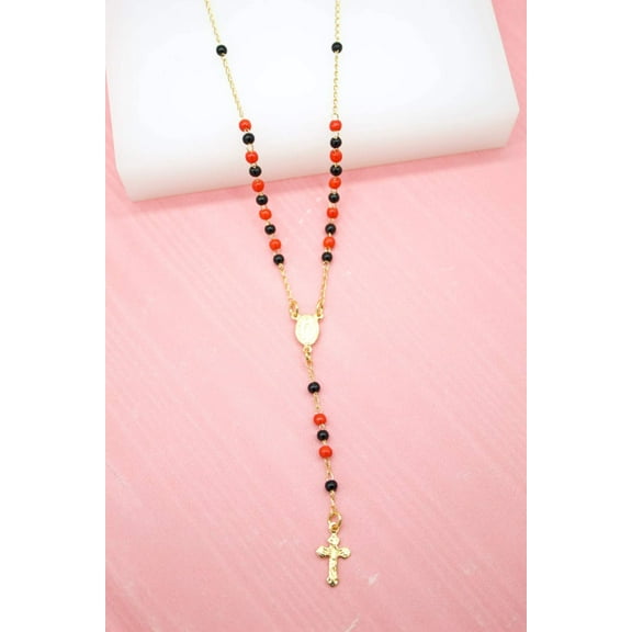 Red And Black Bead Rosary With Crucifix Cross (F122)